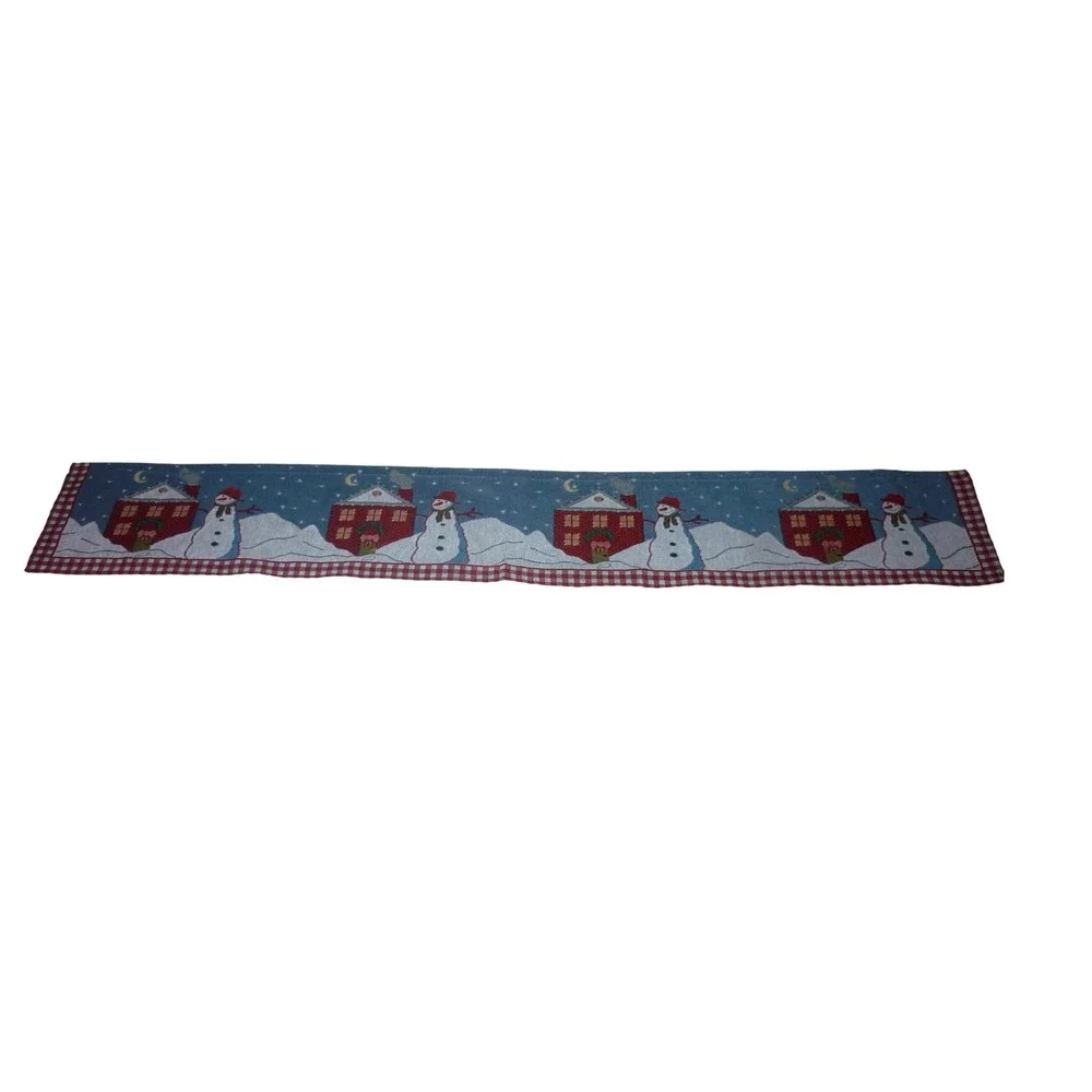 Christmas Snowman Tapestry Table Runner Winter Village Red Gingham 13x72 NEW